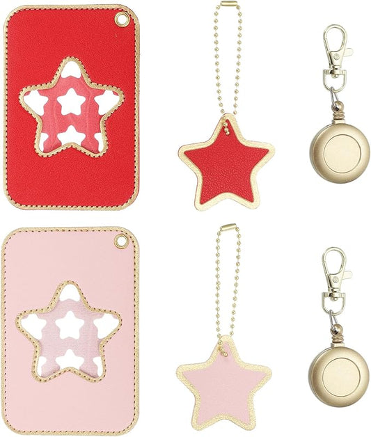 PATIKIL Retractable Badge Holders, 2 Pcs Cute Leather ID Holder with Badge Reels Keychain ID Card Clip Protector Cover for Women Work Office Business Trip, Pink/Red