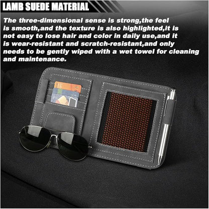 Car Sun Visor Organizer, Leather Card Sleeve Pocket Organizer, Multifunctional Auto Visor Document Holder with Sunglasses Clip, Universal Car Interior Organizer for Driving License, Pen (Large-Grey)