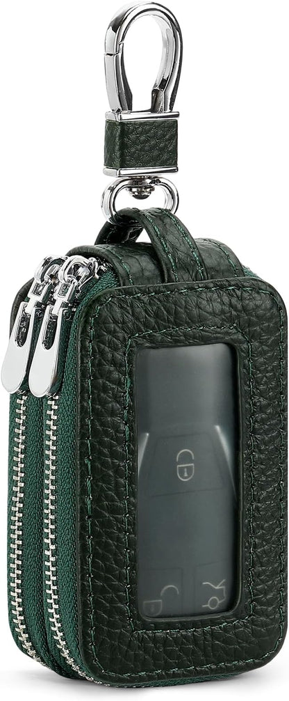 SENDEFN Car Key Fob Case Double Zipper Leather Smart Remote Keychain Protector Holder with Transparent Window