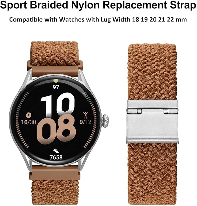 WOCCI 22mm Braided Nylon Watch Band for Men and Women, Quick Release, Silver Stainless Steel Buckle (Brown)