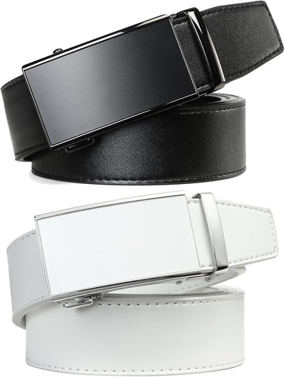2 Pack Ratchet Belt 1 3/8", Mens leather Dress Belt in Gift Set Size 28"-62" Adjustable waist Trim to Fit
