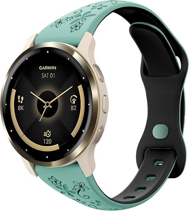 Laband 18mm Floral Engraved Band Compatible With Garmin Venu 3S 41mm/Venu 2S/Vivoactive 4S/Vivomove 3S/Venu 4 41mm/Forerunner 255S/Forerunner 265S,Soft Slim Silicone Cute Embossed Flower Strap for Men