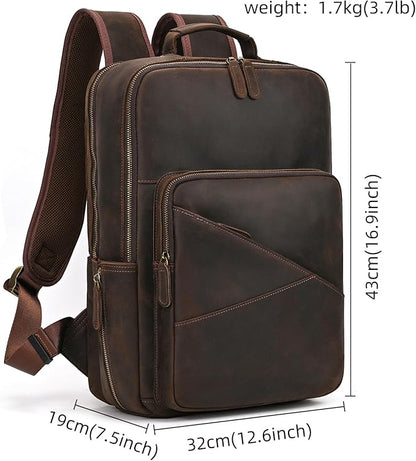 Vintage Full Grain Leather Backpack for Men, 16" Laptop Rucksack For Men Hiking Trave Work Business Bag, Dark Brown