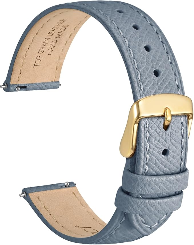 WOCCI 18mm Grace Watch Band for Ladies, Top Grain Leather, Quick Release Replacement Strap with Gold Buckle (Mist Blue)