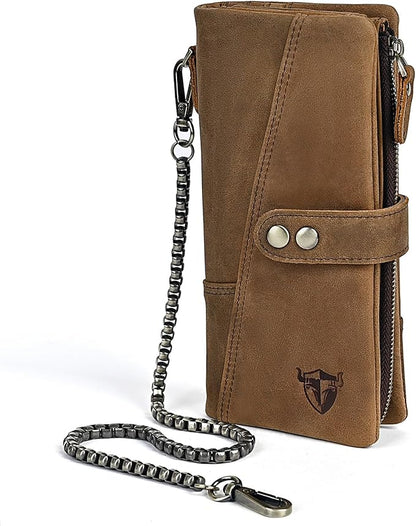 Genuine Crazy Horse Leather Travel Gift Coin Pocket Card Case Long Organizer Chain Rfid Wallet Purse With Snap For Men Male 1803 1815 (1803 Brown 26b)
