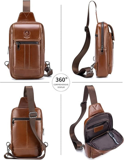RAINBOW HORSE Brown Leather Chest Bag - Men's Genuine Leather Shoulder Pouch with Dual Front Pockets, Stylish Crossbody Sling for Travel & Work