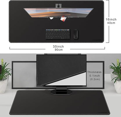 CENNBIE Leather Desk Mat Protector, 35.5" x 16" Extra Large Leather Office Desk Pad Mat for Full Desk, Computer Desk Mat on top of desks - Oversized Large Mouse Pad (Black)