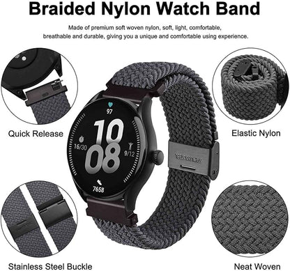 WOCCI 22mm Braided Nylon Watch Band for Men and Women, Quick Release, Black Stainless Steel Buckle (Grey)
