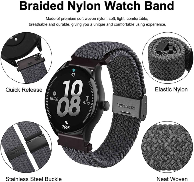 WOCCI 21mm Braided Nylon Watch Band for Men and Women, Quick Release, Black Stainless Steel Buckle (Grey)