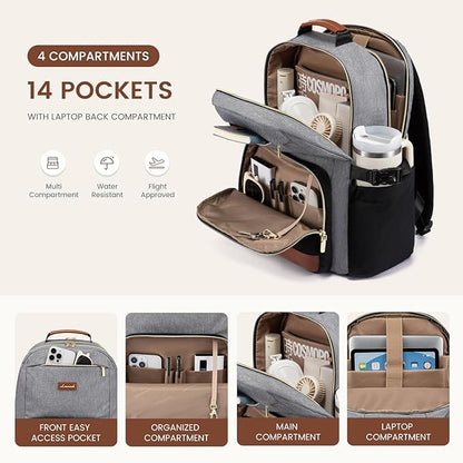 LOVEVOOK Laptop Backpack for Women with Pouch Pocket for Large Capacity Cup,17 Inch Teacher Nurse College Work Backpack Purse,Waterproof Laptop Bag Computer Back Pack for Travel, Grey-Black-Brown