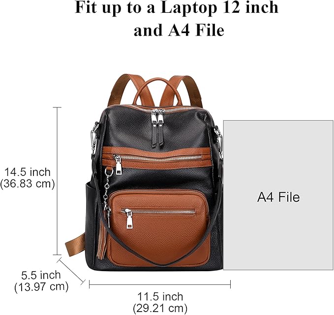 ALTOSY Genuine Leather Backpack Purse for Women Large Shoulder Bag With Laptop Compartment Multiple Pockets (S106 Black/Brown)