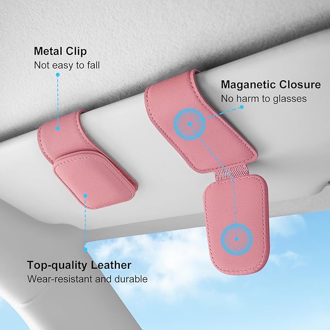 TCJJ Sunglasses Holders for Car Visor,Car Magnetic Glasses Holder Leather Sunglasses Clip and Ticket Card Clip Suitable for Car Interior Visor and Different Size Eyeglasses(Pink/2)