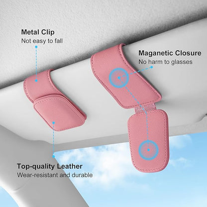 TCJJ Sunglasses Holders for Car Visor,Car Magnetic Glasses Holder Leather Sunglasses Clip and Ticket Card Clip Suitable for Car Interior Visor and Different Size Eyeglasses(Pink/2)
