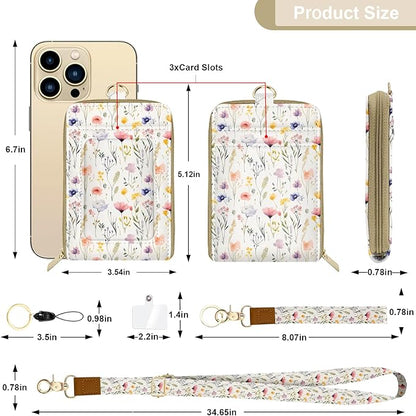 Flower Watercolour PU Leather ID Badge Holder with Lanyard with 1 Zip Pocket and 3 Card Slots Keychain Phone Lanyard Wrist Strap, RFID Blocking, for Office School Business Women