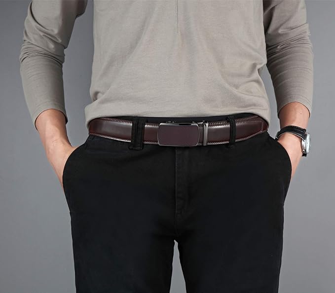 Lingli Men's Belt,Ratchet Dress Belt with Automatic Buckle Brown/Black-Trim to Fit-35mm wide