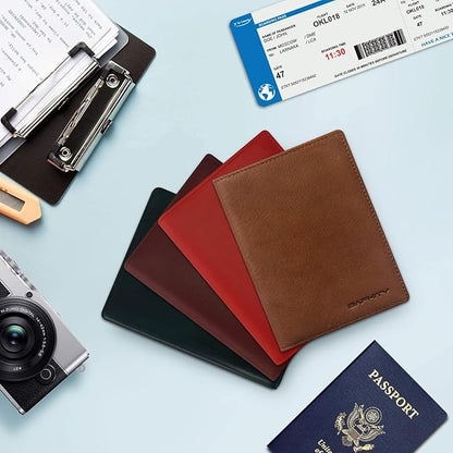 BAPHITY Genuine Leather RFID Blocking Passport Holder Wallet with Zipper Hidden Pocket,Luxury Cover for Men Women,Ideal Gift-red-brown