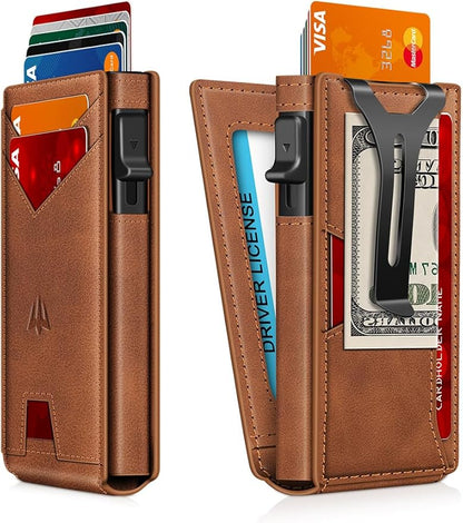 Wallet for Men, Slim Minimalist Wallet with Money Clip＆ID Window, RFID Blocking Pop-Up Credit Card Holder, Smart Auminum Mens Wallet Holds 9-13 Cards (Gift Box) (Brown)