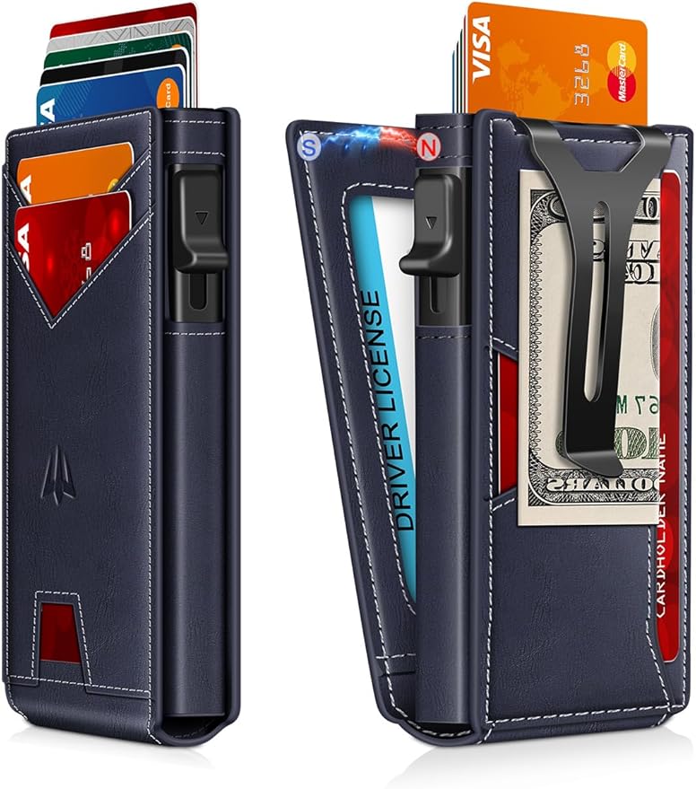 Wallet for Men, Slim Minimalist Wallet with Money Clip＆ID Window, RFID Blocking Pop-Up Credit Card Holder, Smart Auminum Mens Wallet Holds 9-13 Cards (Gift Box) (Navy Blue)