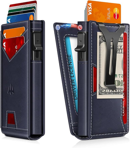 Wallet for Men, Slim Minimalist Wallet with Money Clip＆ID Window, RFID Blocking Pop-Up Credit Card Holder, Smart Auminum Mens Wallet Holds 9-13 Cards (Gift Box) (Navy Blue)