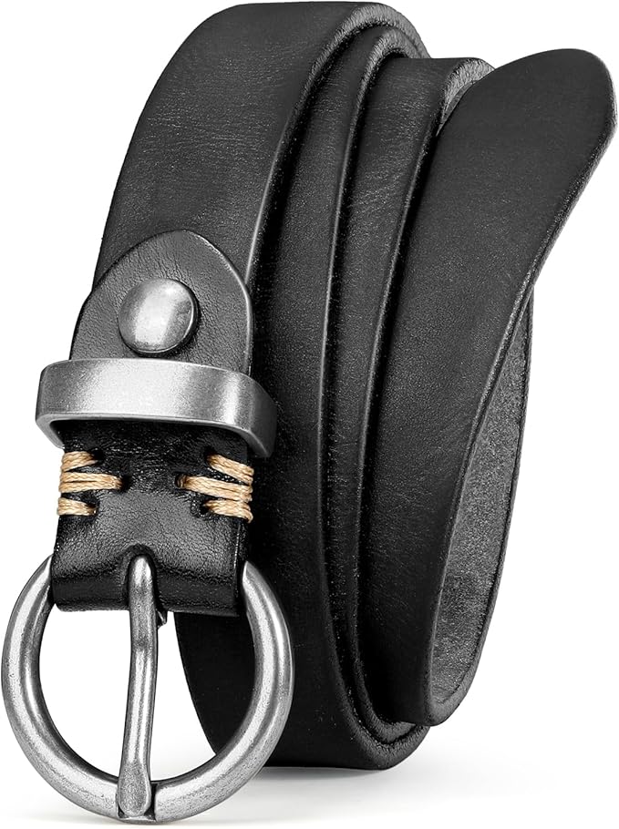SANSTHS Womens Genuine Leather Belts for Jeans Pants Trendy Vintage Thin Leather Belt Gold Buckle Ladies Skinny Waist Belt