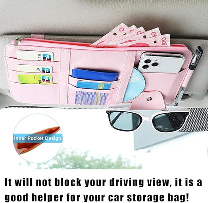 Augeny Car Sun Visor Organizer, Leather Personal Belonging Storage Pouch with Zipper, Car Visor Storage Pouch Sunglasses Holder, Auto Interior Accessories Pocket Organizers (Pink)