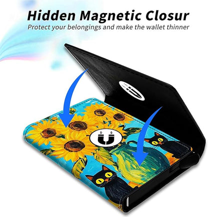 Minimalist Wallet for Men's Card Holders, Pop-Up Card Case Wallets for Women, Leather Automatic Credit Card Holder with Metal Money Clip RFID Blocking Bifold Pocket, Sunflower Black Cat