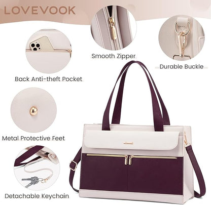 LOVEVOOK Laptop Bag Women 15.6 Inch Laptop Tote Professional Leather Computer Briefcase Waterproof Shoulder Bag Large Capacity Business Teacher Office Crossbody Purse