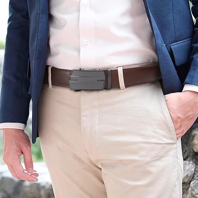 SENDEFN Men's Leather Belt Automatic Ratchet Buckle Slide Belt for Dress Casual Trim to Fit with Gift Box