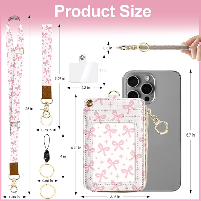 Cute ID Badge Holder with Lanyard,Slots Keychain Phone Wrist Strap,RFID Blocking,Pink Bow Wallet Lanyard Card Holder Multiple Zip Id Case Wallet for Office School Business Security Staff