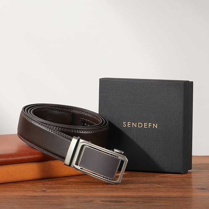 SENDEFN Men's Leather Belt Automatic Ratchet Buckle Slide Belt for Dress Casual Trim to Fit with Gift Box