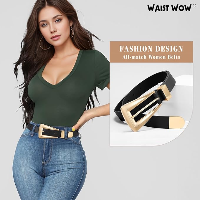 Women's Leather Belts for Jeans Pants Fashion Leather Waist Belt Ladies Dress Belts with Gold/Silver Buckle