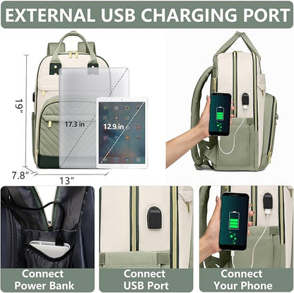 Laptop Backpack for Women Work Bag - Fits 17.3 Inch Laptop Bag Travel Work Backpack Anti-theft Bags with USB Charging Business Computer Waterproof Backpack Purse for Nurse Teacher Beige Light Green