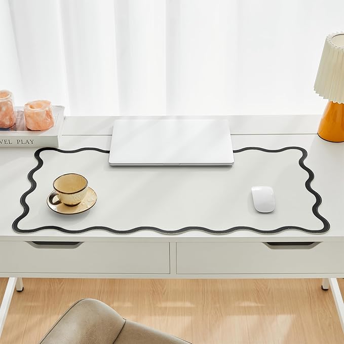 Ralxion Scalloped Desk Mat, 31.5" x 15.7", PU Leather, Waterproof Anti-Slip, Cute Aesthetic Desk Pad for Office/Home/Game/Vanity (Black, Large)