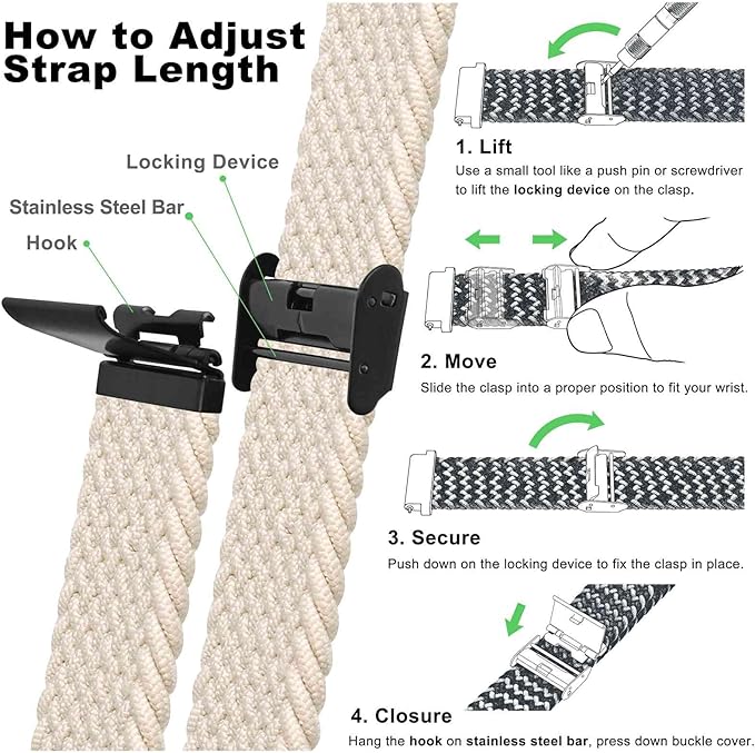 WOCCI 20mm Braided Nylon Watch Band for Men and Women, Quick Release, Black Stainless Steel Buckle (Starlight)