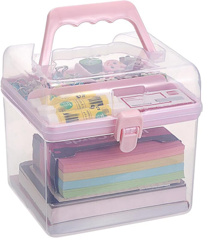 BTSKY Multipurpose Plastic Craft Storage Containers with Removable Tray, Clear Plastic Storage Box with Lid & Handle, Easy Carry & Stack Small Storage Container, 6.3x5.6x6.3 Inch, Square-Pink
