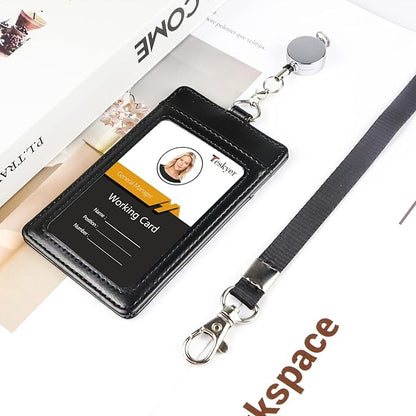 Teskyer Leather Badge Holder with Lanyard and Badge Reel, Retractable Lanyard ID Card Holder for Office School Name Work IDs, Black