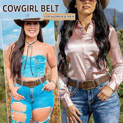 Women Western Belt Vintage Metal Buckle Leather Belts Country Cowboy Cowgirl Belt for Jeans Pant Dress