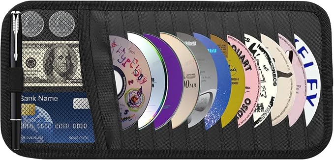 CD Visor Holder for Car, Large Capacity CD & DVD Visor Case, Vehicle Visor Storage Organizer with 12 Disc Sleeves, 1 Mesh Pocket 1 Pen Holder and & Elastic Band (Black)