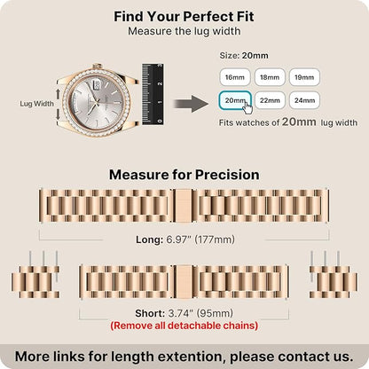 Fullmosa 20mm Stainless Steel Watch Band, Quick Release Metal Replacement Strap with Removable Links, Includes Spring Bars & Link Removal Tool for Men Women (Rose Gold)
