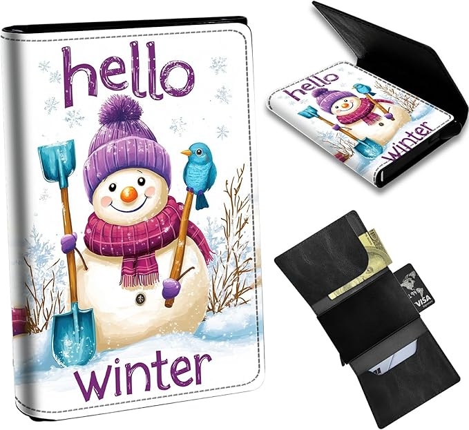 Minimalist Wallet for Men's Card Holders, Pop-Up Card Case Durable Wallets for Women, Leather Automatic Credit Card Holder with Metal Money Clip RFID Blocking Bifold Pocket, Winter Snowman