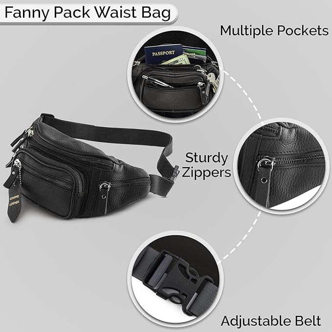 Fanny Pack Waist Bag Multifunction Genuine Leather Hip Bum Bag Travel Pouch for Men and Women- Multiple Pockets & Sturdy Zippers Ideal for Hiking Running And Cycling