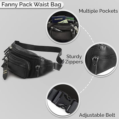 Fanny Pack Waist Bag Multifunction Genuine Leather Hip Bum Bag Travel Pouch for Men and Women- Multiple Pockets & Sturdy Zippers Ideal for Hiking Running And Cycling