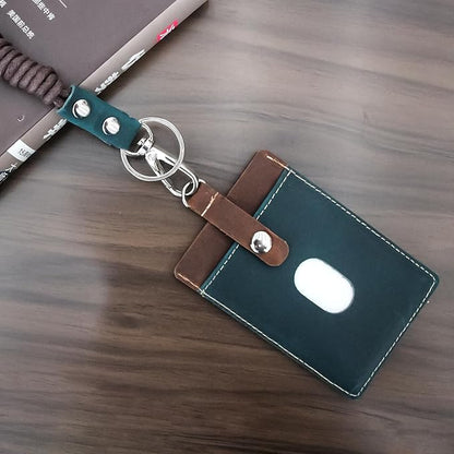 Badge Holder: Boshiho Cowhide Leather ID Badge Card Holder with 19" Neck Lanyard, Vertical Style (Brown-Blue)