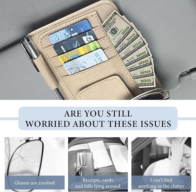 Small Leather Car Sun Visor Organizer, Auto Visor Pouch Card Sleeve Pocket with Sunglasses Clip, Multifunctional Sunvisor Wallet Holder for Driving License Pen Tickets (Beige)