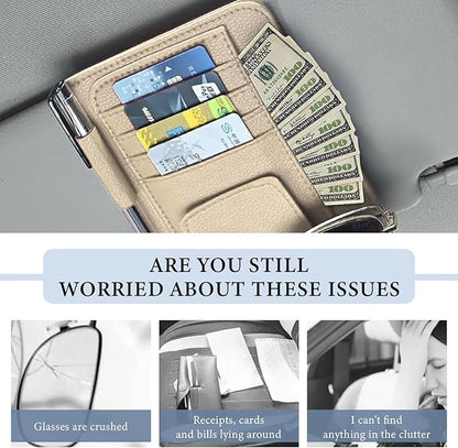 Small Leather Car Sun Visor Organizer, Auto Visor Pouch Card Sleeve Pocket with Sunglasses Clip, Multifunctional Sunvisor Wallet Holder for Driving License Pen Tickets (Beige)