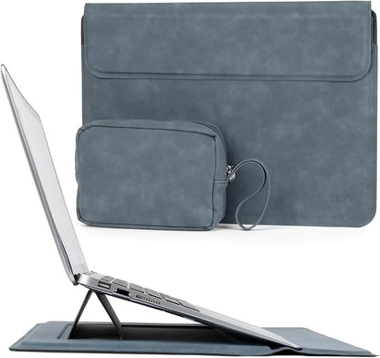 Allinside 13-14 Inch Laptop Sleeve Case for MacBook Pro 14" 2021-2026/MacBook Air 13" 2010-2017/MacBook Pro 13" 2010-2015, Waterproof Matte PU Leather Sleeve Cover with Stand & Accessory Pouch, Blue