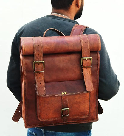 URBAN DEZIRE Men's 17 inch Leather Vintage Roll On Laptop Backpack Rucksack knapsack college bag