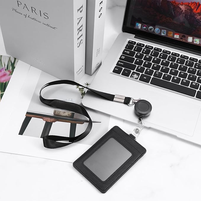 PU Leather Badge Holder with Lanyard ID Badge Holder with Retractable Reel Clips, Multiple Card Slots Retractable Badge Reel ID Card Holders Set for Badge Credit Cards