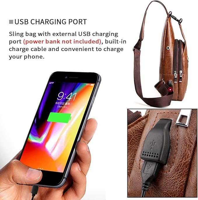Seoky Rop Men Sling Bag Anti Theft Shoulder Bag Small Leather Crossbody Sling Backpack with USB Charge Port Black