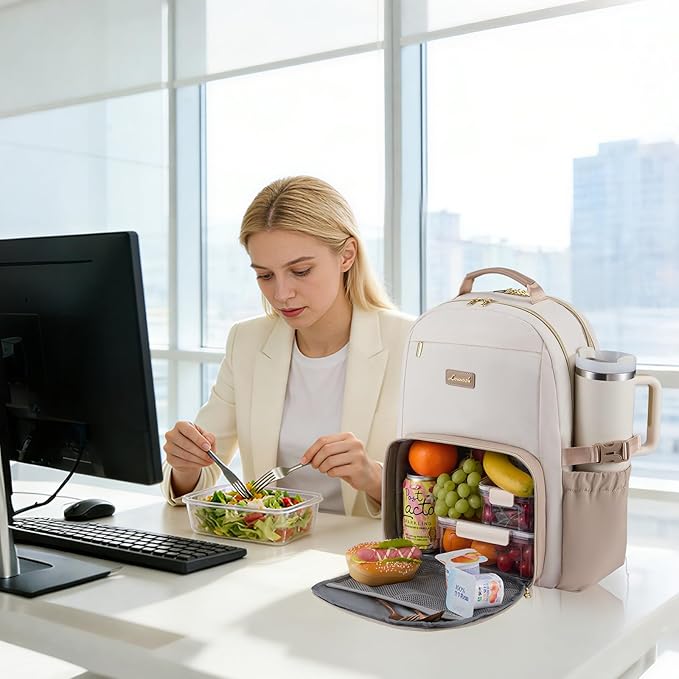 LOVEVOOK Lunch Backpack with Lunch Compartment,17 Inch Laptop Work Travel Insulated Cooler Backpack Purse,Waterproof College Teacher Lunch Bag Box with Tumbler Holder,Gifts for Men Women,Beige-Khaki